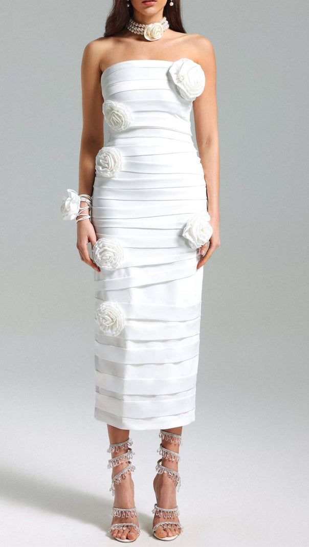 AIIZIE WHITE STRAPLESS FLOWER MIDI DRESS - product image