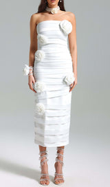 WHITE STRAPLESS FLOWER MIDI DRESS