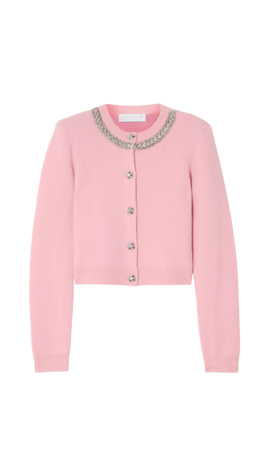 RHINESTONE-EMBELLISHMENT PADDED-SHOULDERS KNITTED CARDIGAN IN PINK