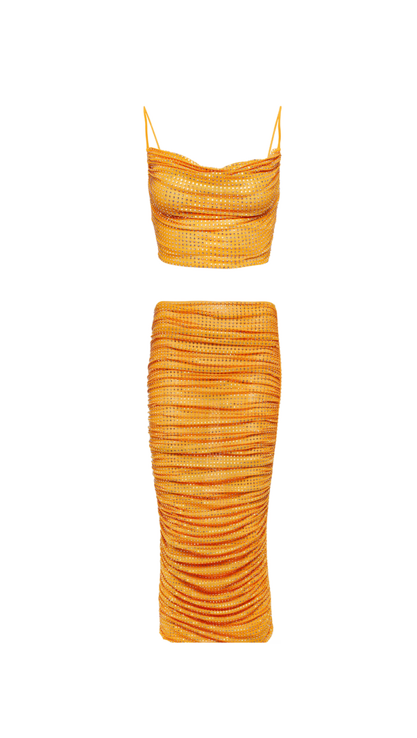 AIIZIE HEDWIG CRYSTAL-EMBELLISHED ORANGE CROP TOP SKIRT SUIT - product image