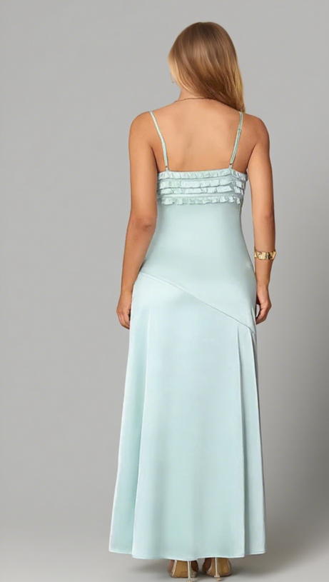 Simona – Seiden-Maxikleid mit Rüschenbesatz in Mintgrün