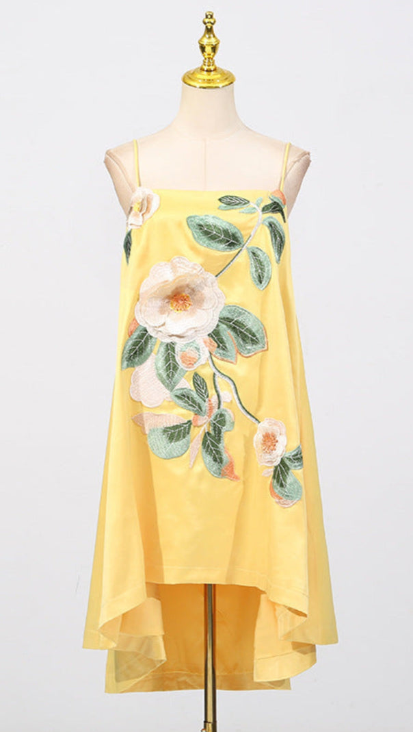 AIIZIE EDWINA APPLIQUE FLORAL EMBROIDERED MINI DRESS IN YELLOW - product image