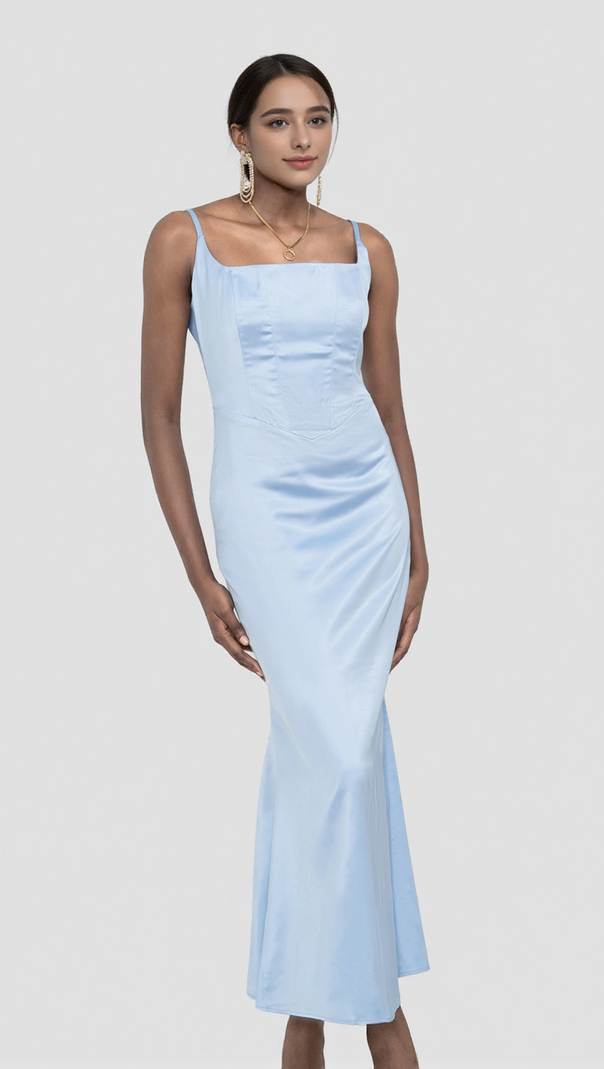AIIZIE SATIN CORSET MAXI DRESS IN BLUE - product image