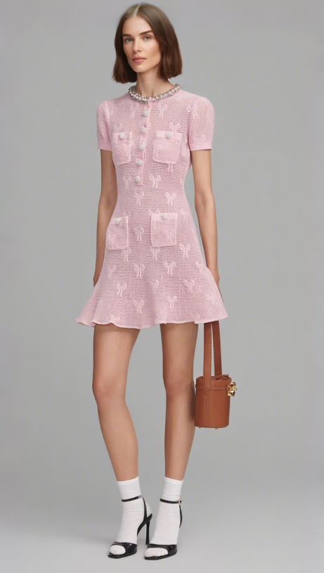 PINK BOW CROCHET CRYSTAL TRIM MINI DRESS