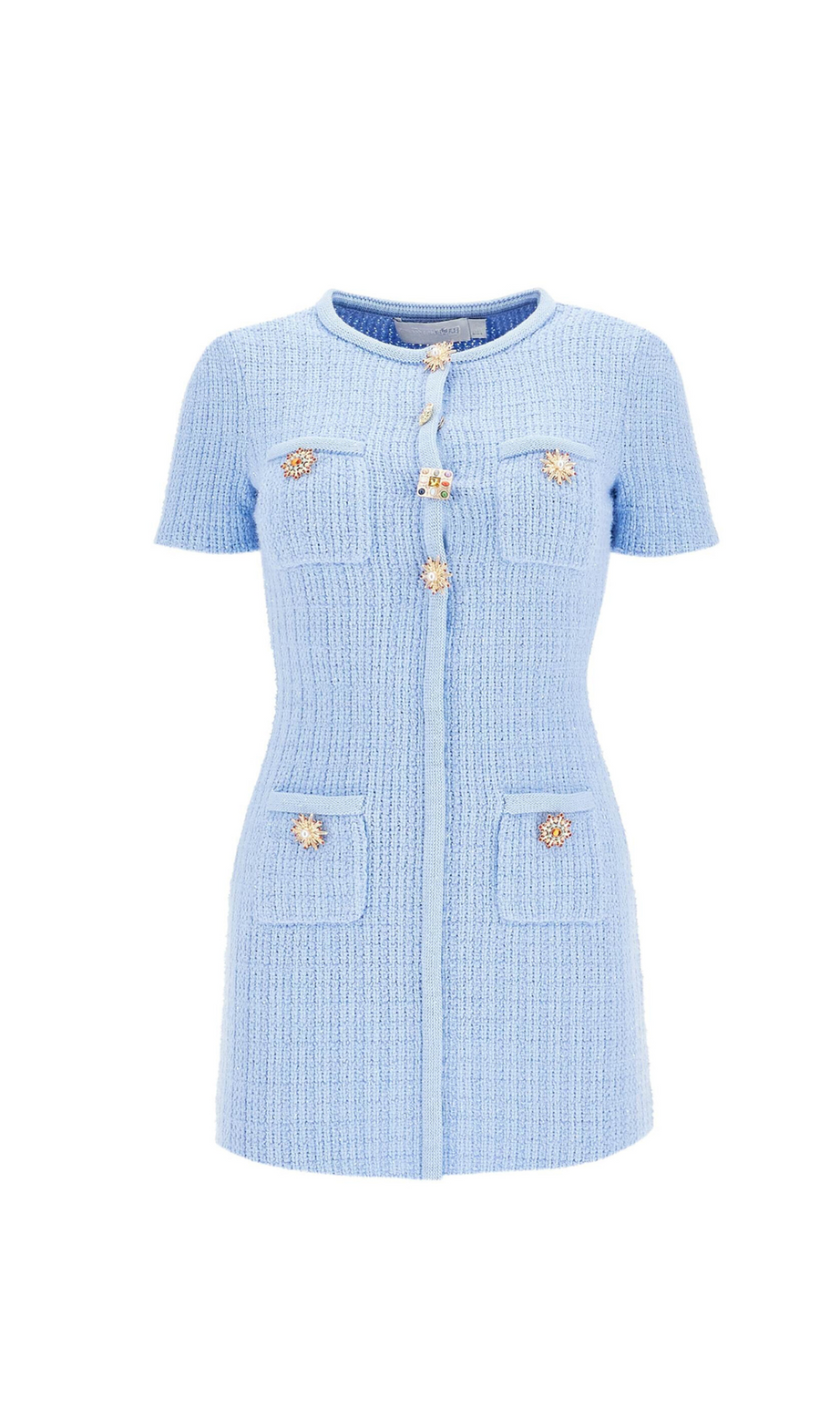Bescheidenes Minikleid aus Strick mit Perlen und Knöpfen in Blau