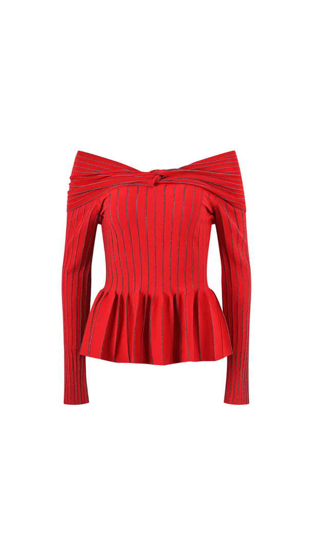 AIIZIE ESTHER KNIT STRIPE RUCHED OFF-SHOULDER TOP - product image
