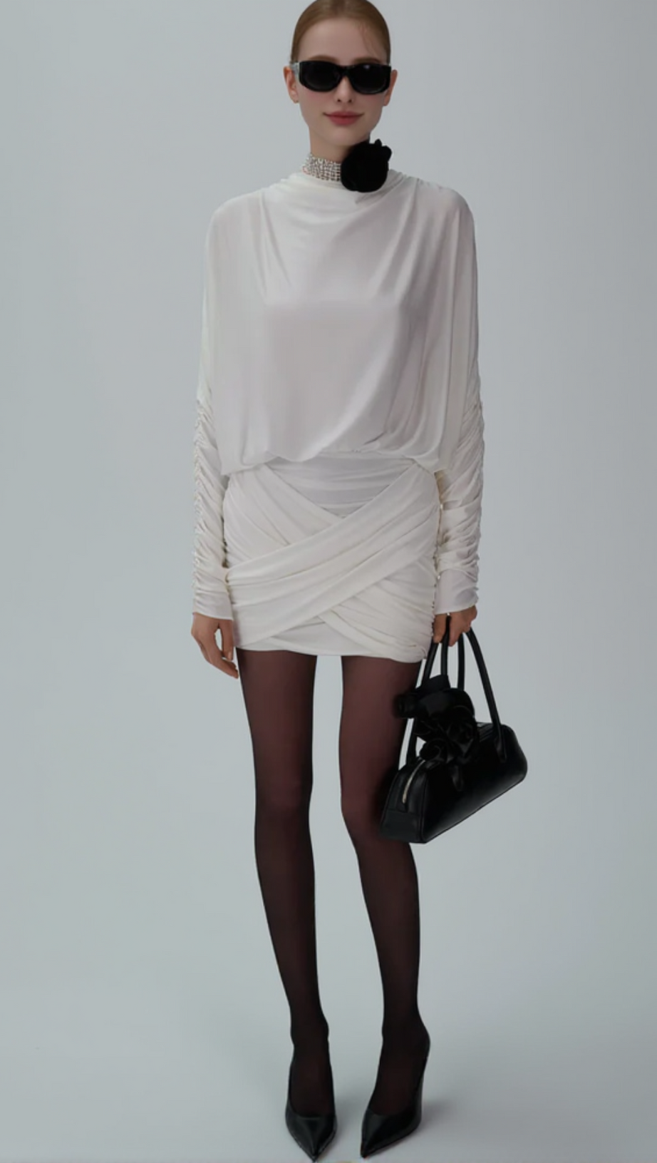 LONG-SLEEVE JERSEY MINI DRESS IN CREAM