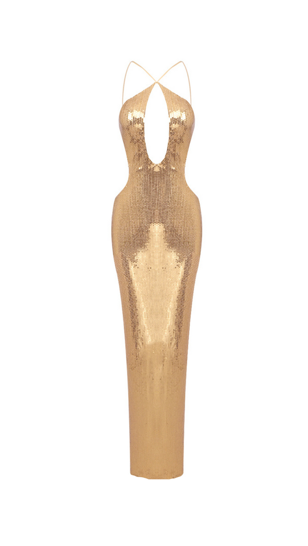 AIIZIE SEQUIN HOLLOW BODYCON MAXI DRESS IN GOLD - product image