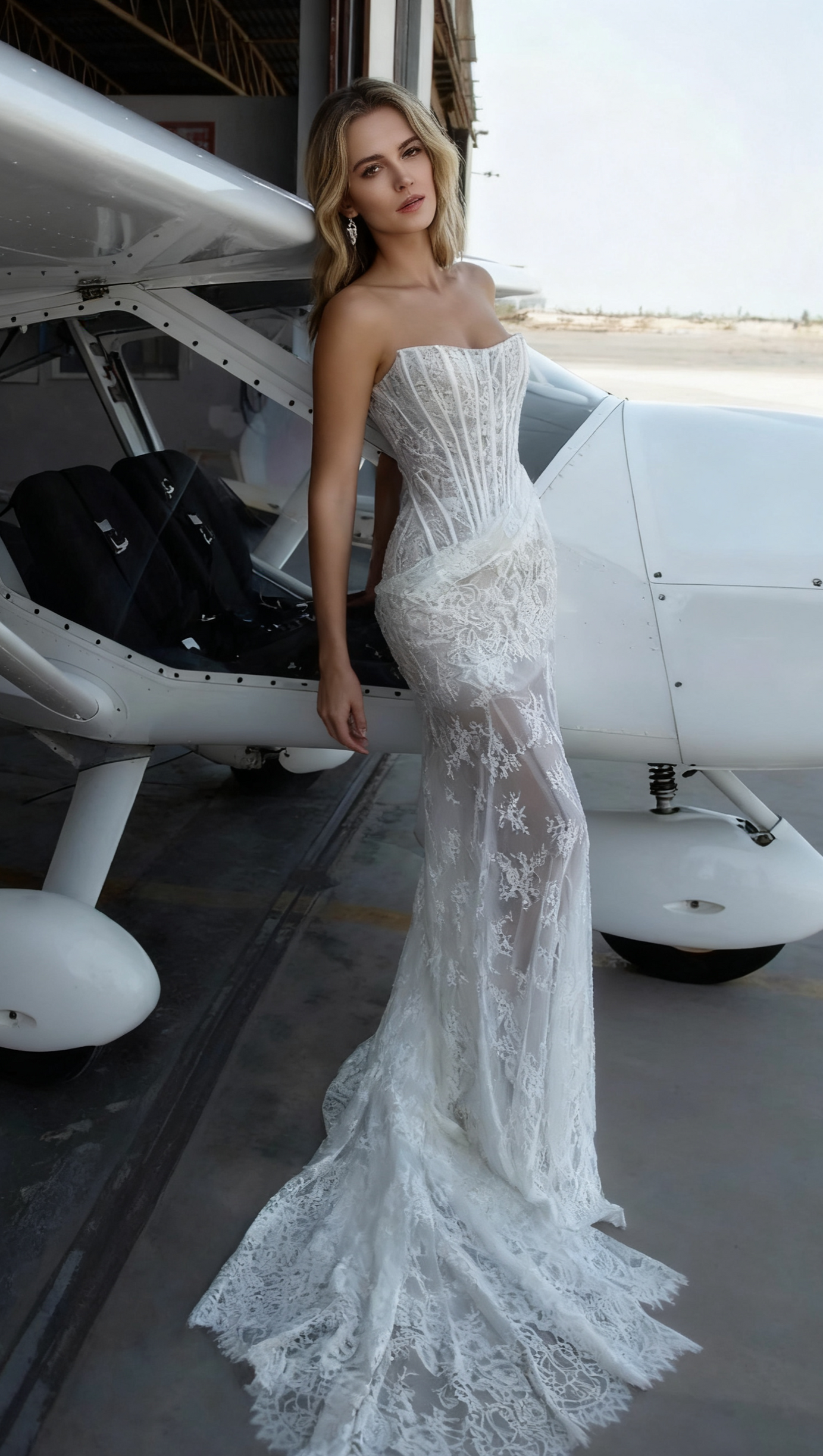 IVORY SHEER LACE CORSET MAXI GOWN WITH DRAPED NECKLINE