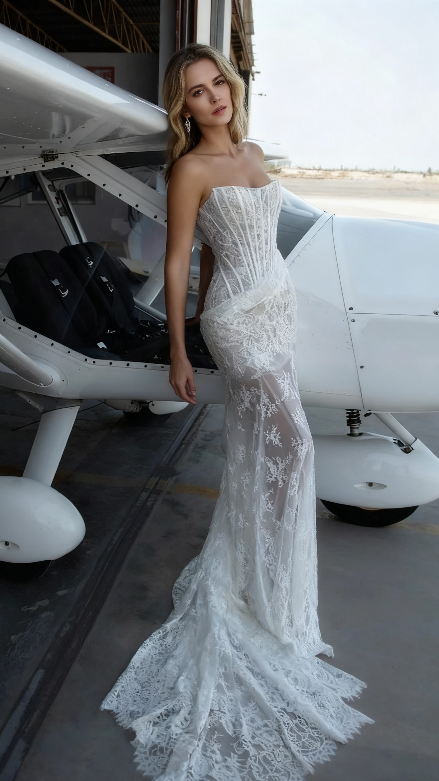 AIIZIE IVORY SHEER LACE CORSET MAXI GOWN WITH DRAPED NECKLINE - product image
