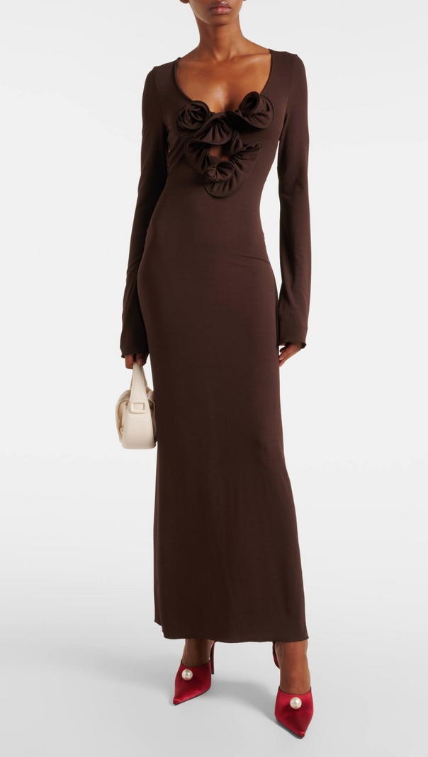 Jersey-Maxikleid mit Blumenapplikation in Braun
