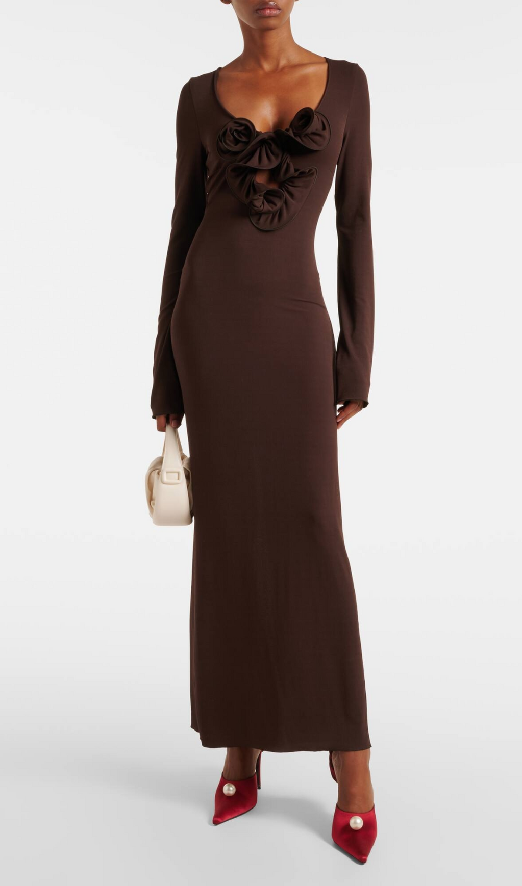 FLORAL-APPLIQUÉ JERSEY MAXI DRESS IN BROWN