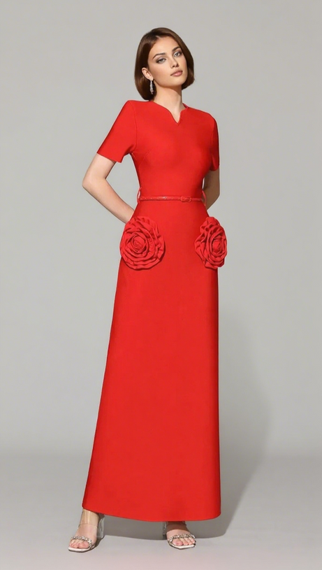 3D FLOWER EMBELLISHED SLIM MAXI DRESS IN RED