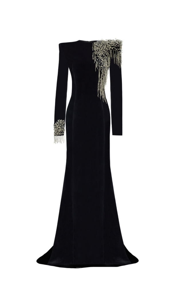 AIIZIE EMBROIDERED VELVET MAXI DRESS IN BLACK - product image