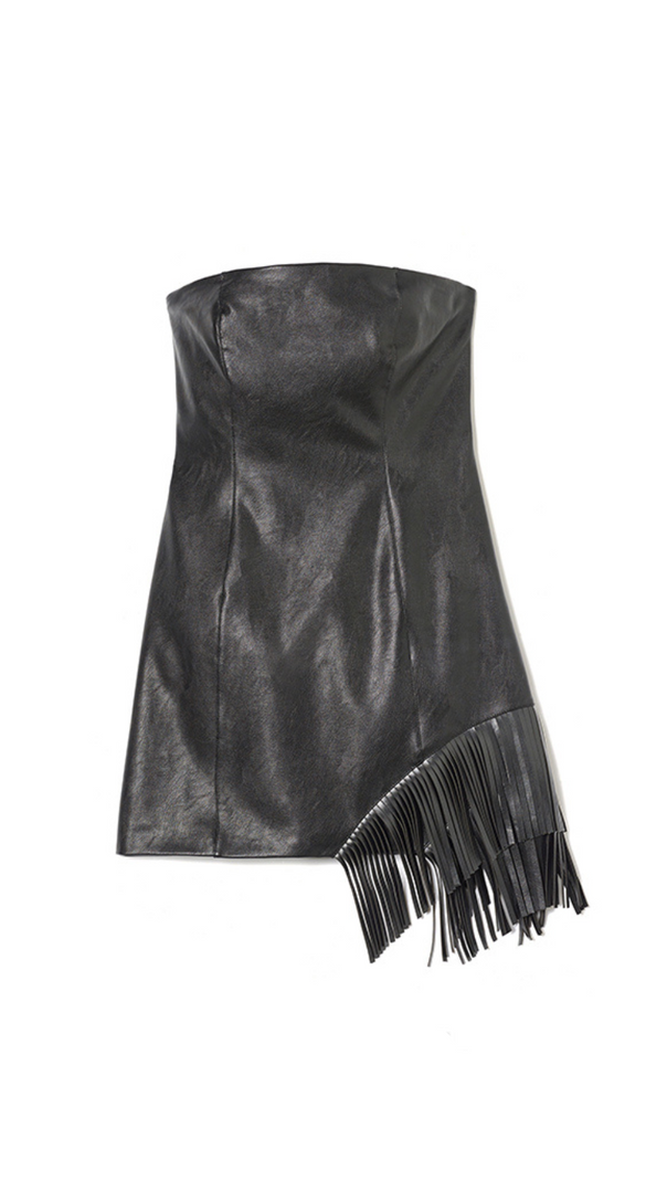 AIIZIE BLACK ASYMMETRIC FRINGED HEM STRAPLESS LEATHER SKIRT - product image