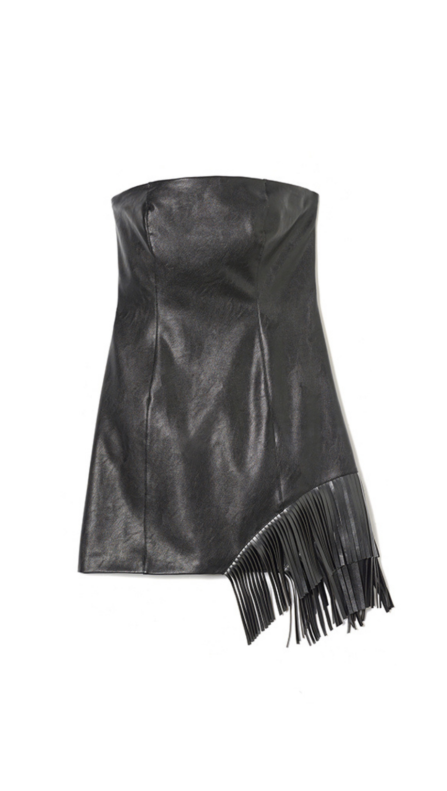 BLACK ASYMMETRIC FRINGED HEM STRAPLESS LEATHER SKIRT