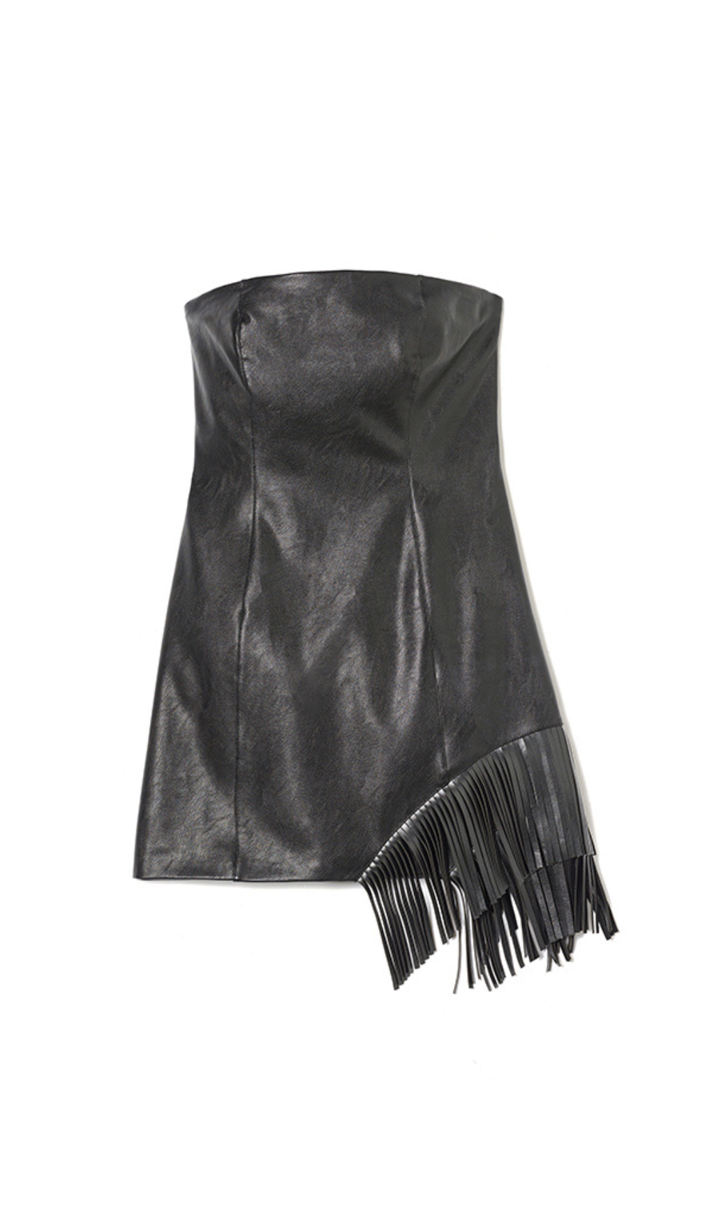 BLACK ASYMMETRIC FRINGED HEM STRAPLESS LEATHER SKIRT
