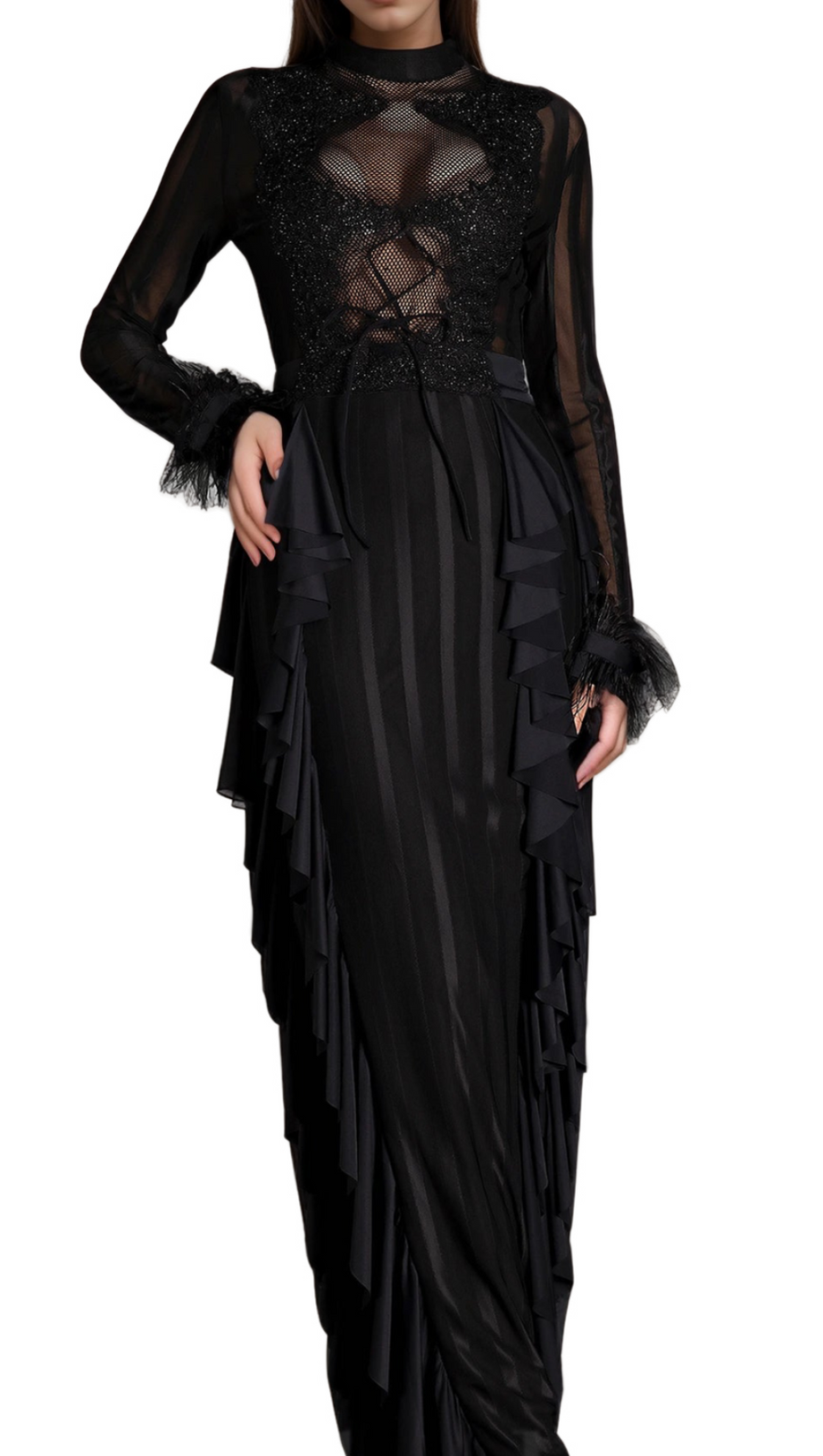 ALANI PANAGAS LONG SLEEVE MESH RUFFLE DRESS