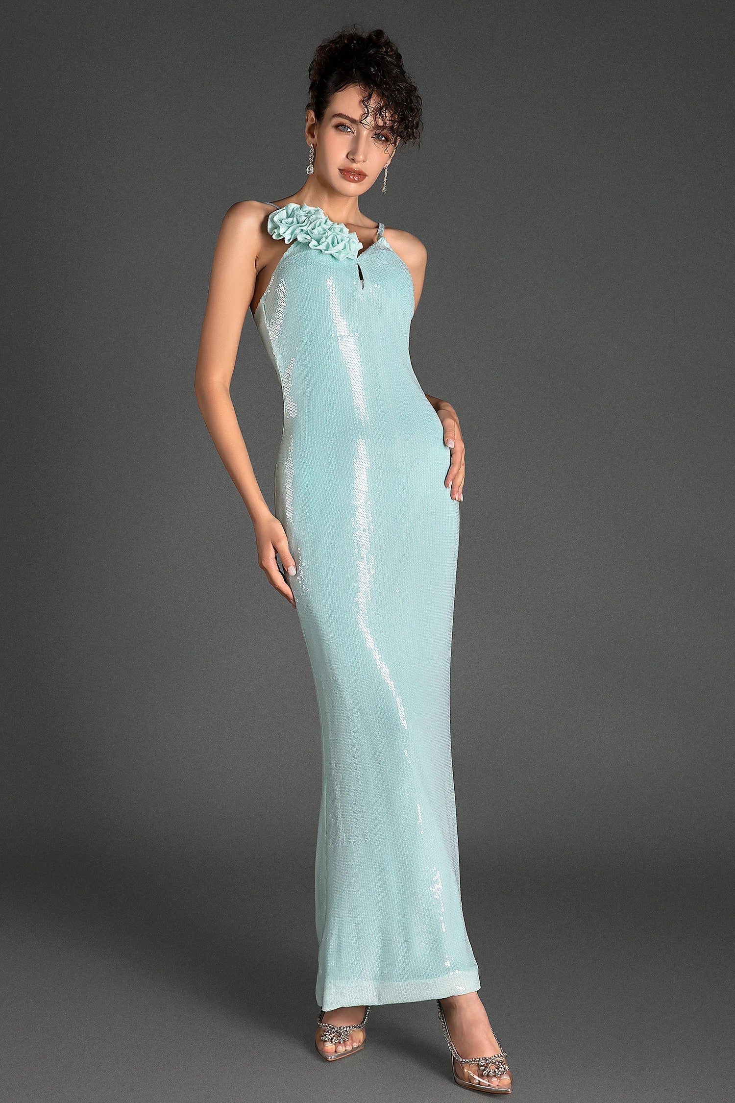 SOPHOCLES STRAP FLOWER SEQUIN MAXI DRESS