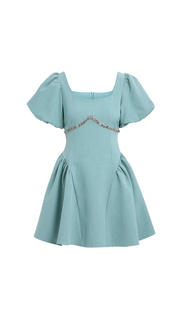 AIIZIE PUFF SLEEVES WAIST-TIGHTENING MINI DRESS IN GREEN - product image