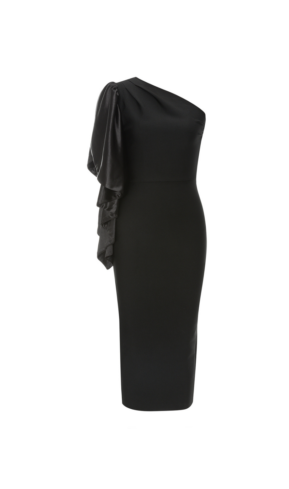 one-shoulder satin bodycon midi dress in black