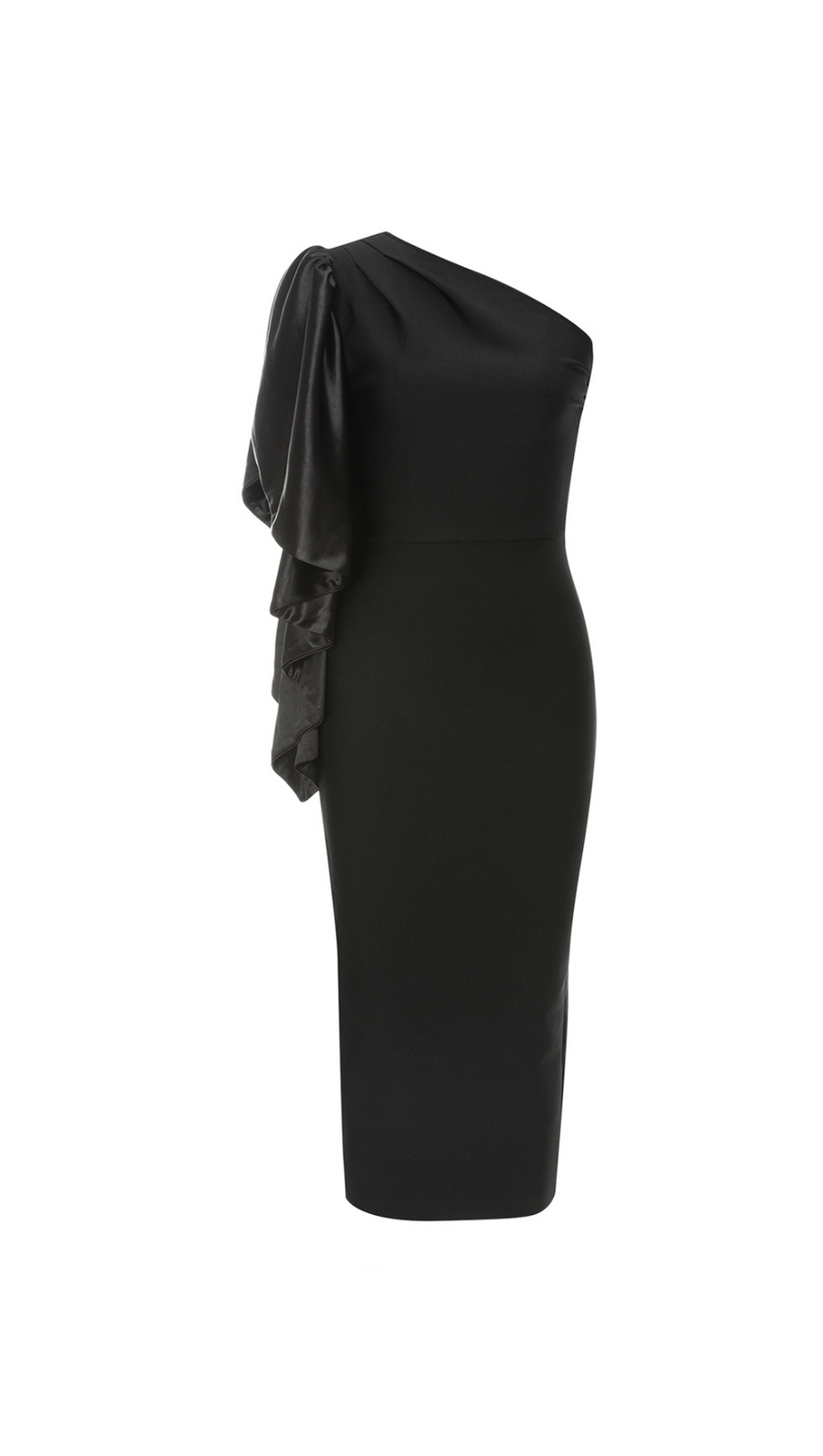 ONE-SHOULDER SATIN BODYCON MIDI DRESS IN BLACK
