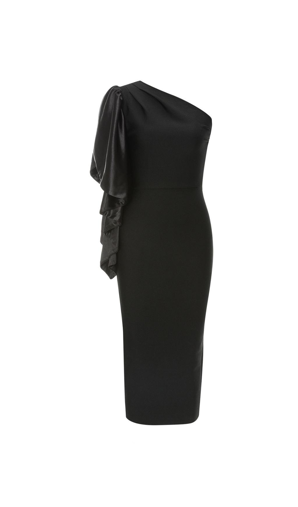 ONE-SHOULDER SATIN BODYCON MIDI DRESS IN BLACK