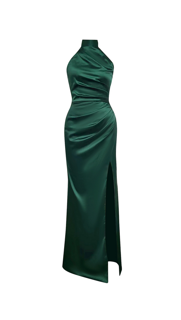AIIZIE EMMA HALTER SLIT SATIN MERMAID MAXI DRESS IN GREEN - product image