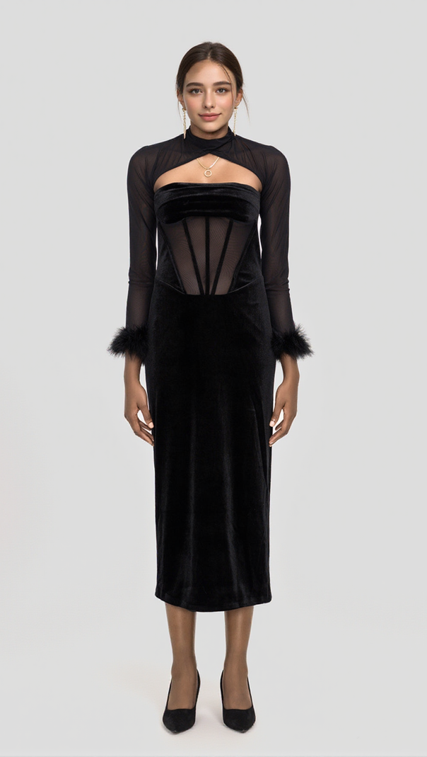 AIIZIE VELVET CORSET MAXI DRESS IN BLACK - product image