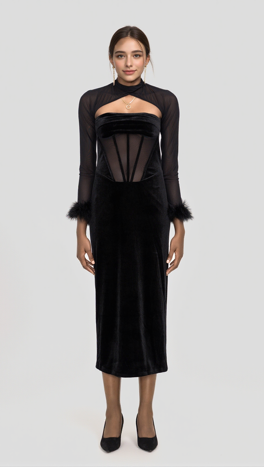 VELVET CORSET MAXI DRESS IN BLACK