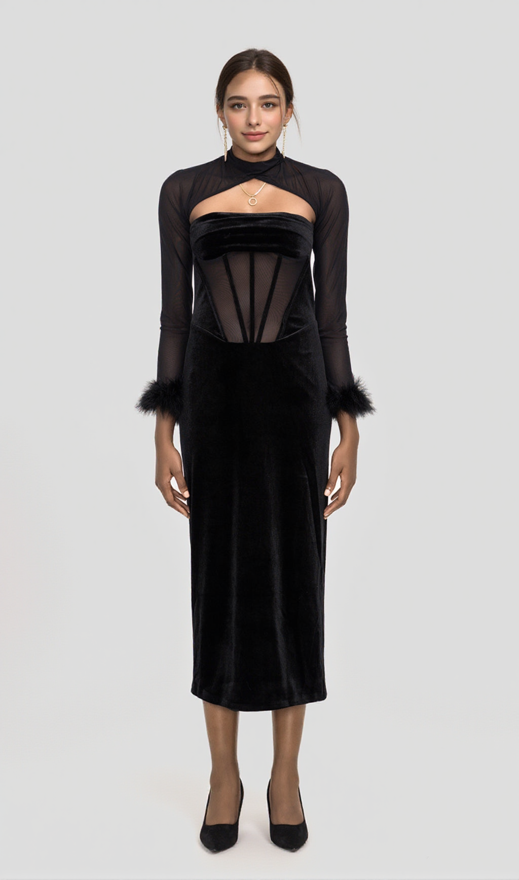 VELVET CORSET MAXI DRESS IN BLACK
