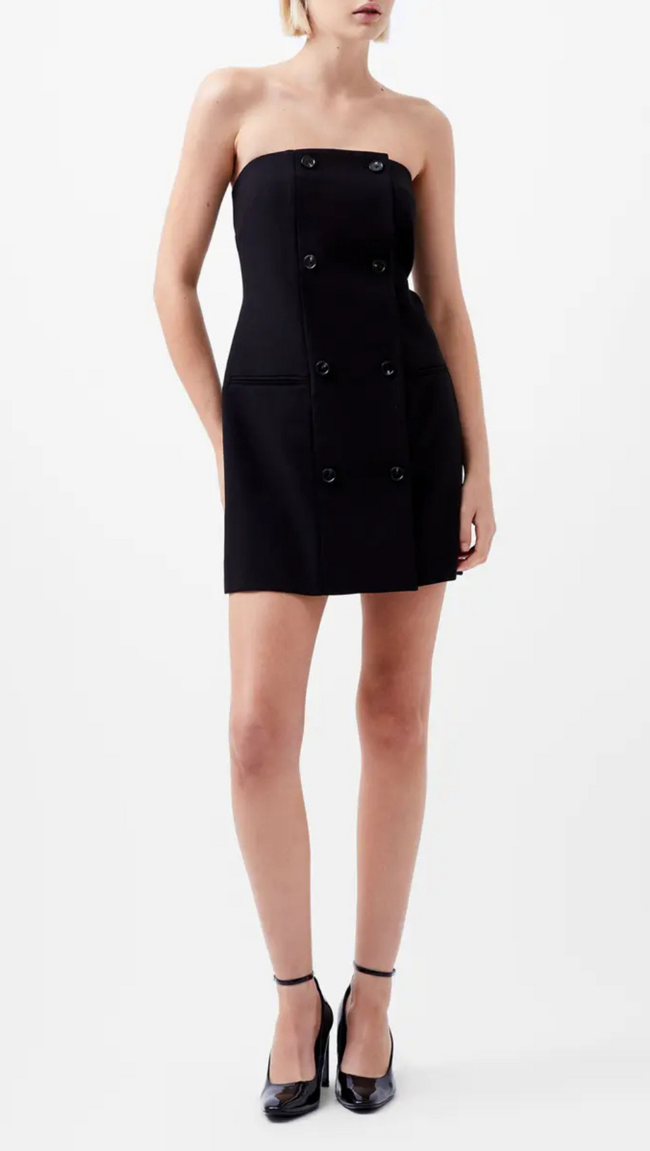 Zweireihiges trägerloses Twill-Minikleid in Schwarz