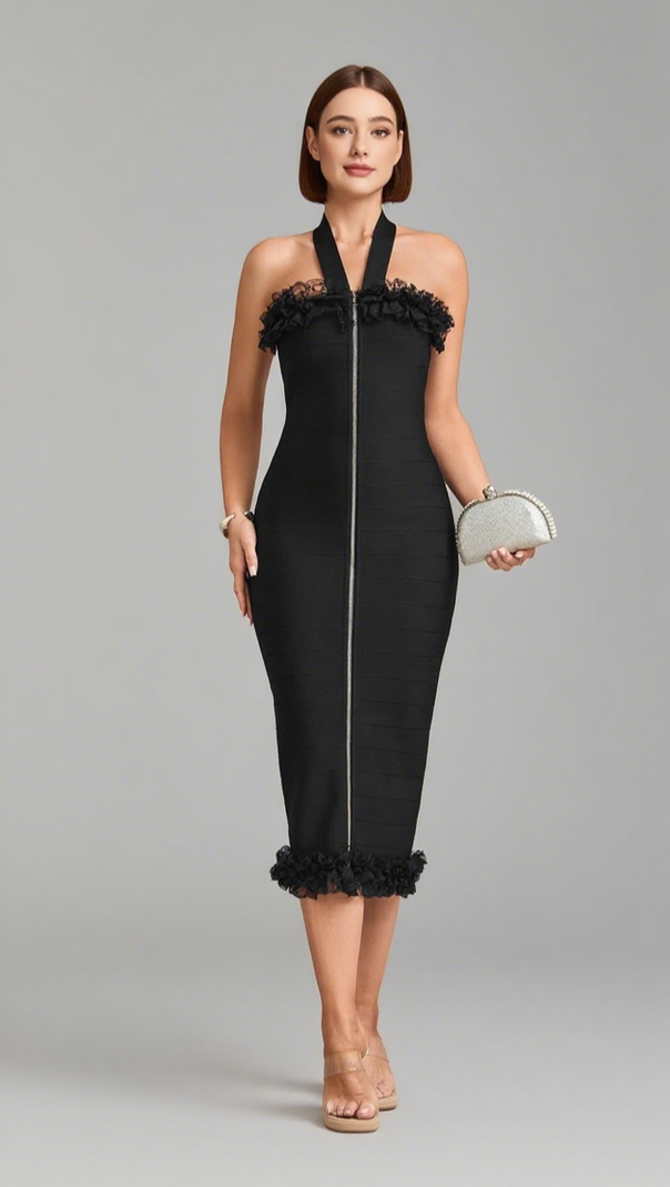 AIIZIE KNIT ZIP RUFFLE MIDI DRESS IN BLACK - product image
