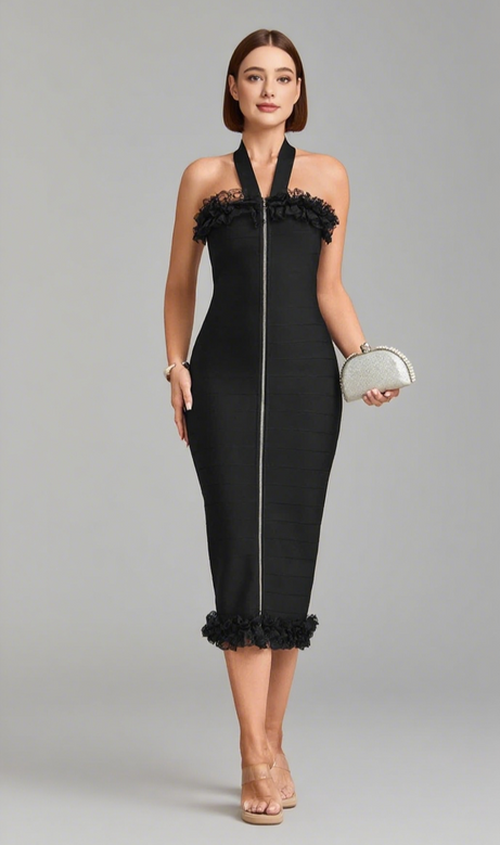 Knit Zip Ruffle Midi Dress in black