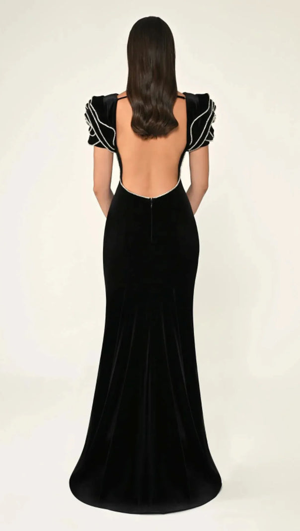 AIIZIE JESSIE RUFFLE SLEEVES OPEN BACK MAXI DRESS IN BLACK - product image