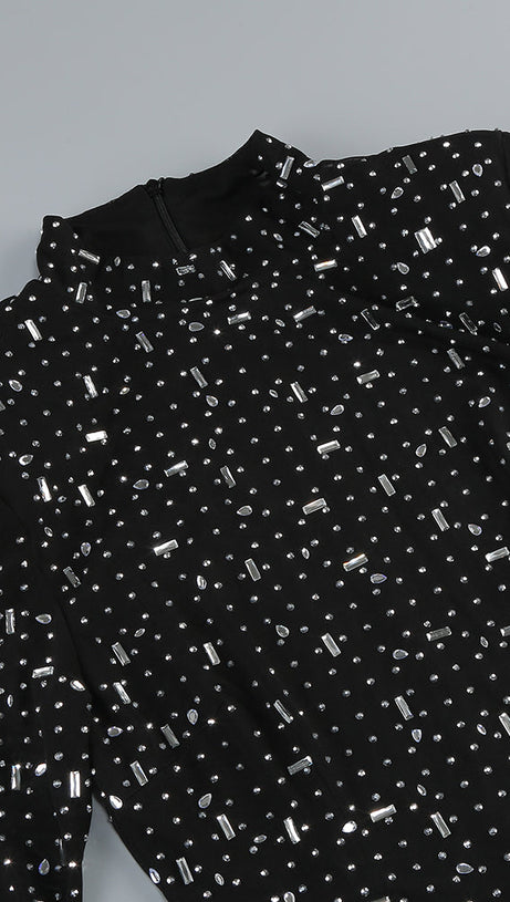 CRYSTAL EMBELLISHED MESH MIDI DRESS IN BLACK