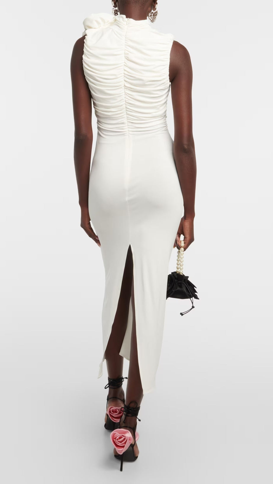 ADORA FLOWER EMBELLISHED RUCHED MIDI DRESS IN CREAM