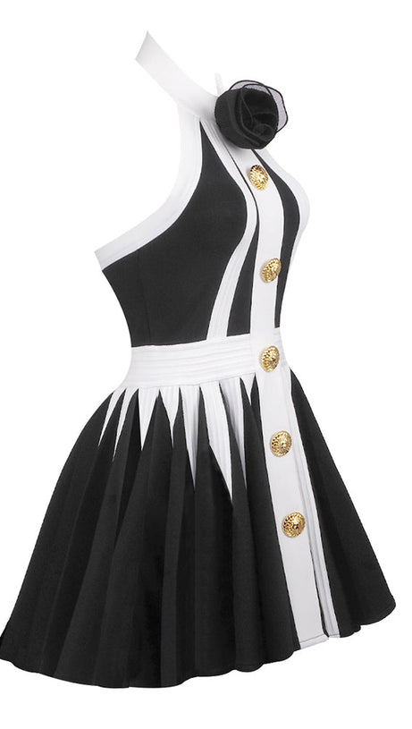 FLORAL-APPLIQUÉ PLEATED KNIT MINI DRESS