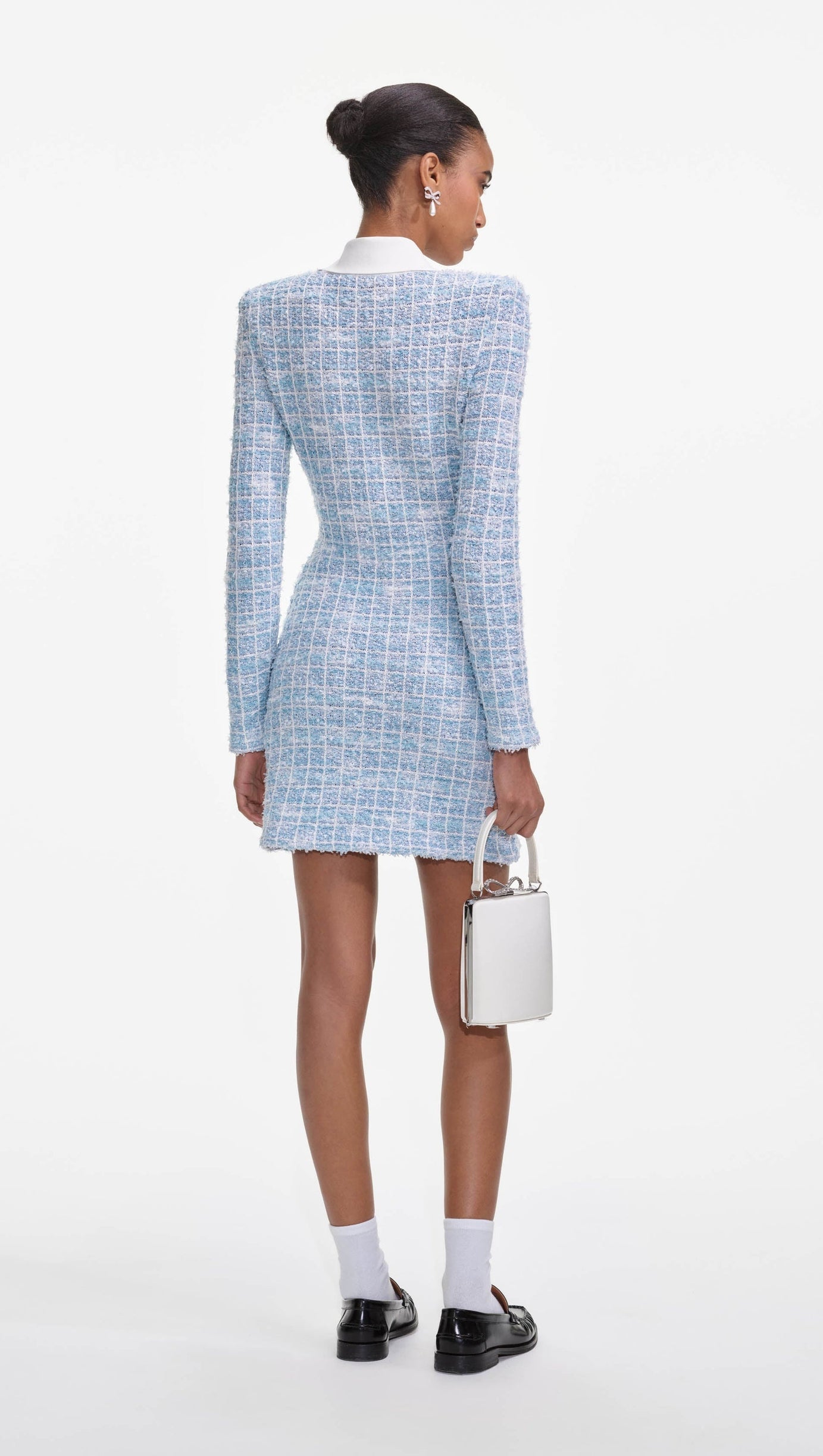 CHECK COLLARED KNIT MINI DRESS IN BLUE