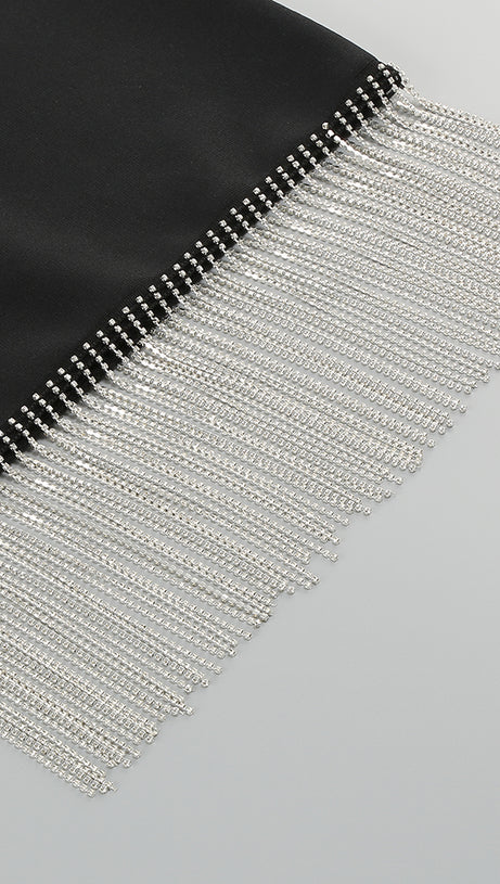 RHINESTONE METAL CHAIN TASSEL BANDAGE DRESS