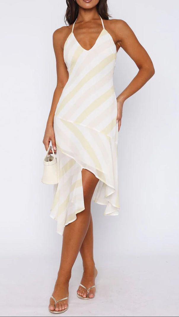 AIIZIE BACKLESS CITRUS STRIPE MIDI DRESS IN IVORY - product image