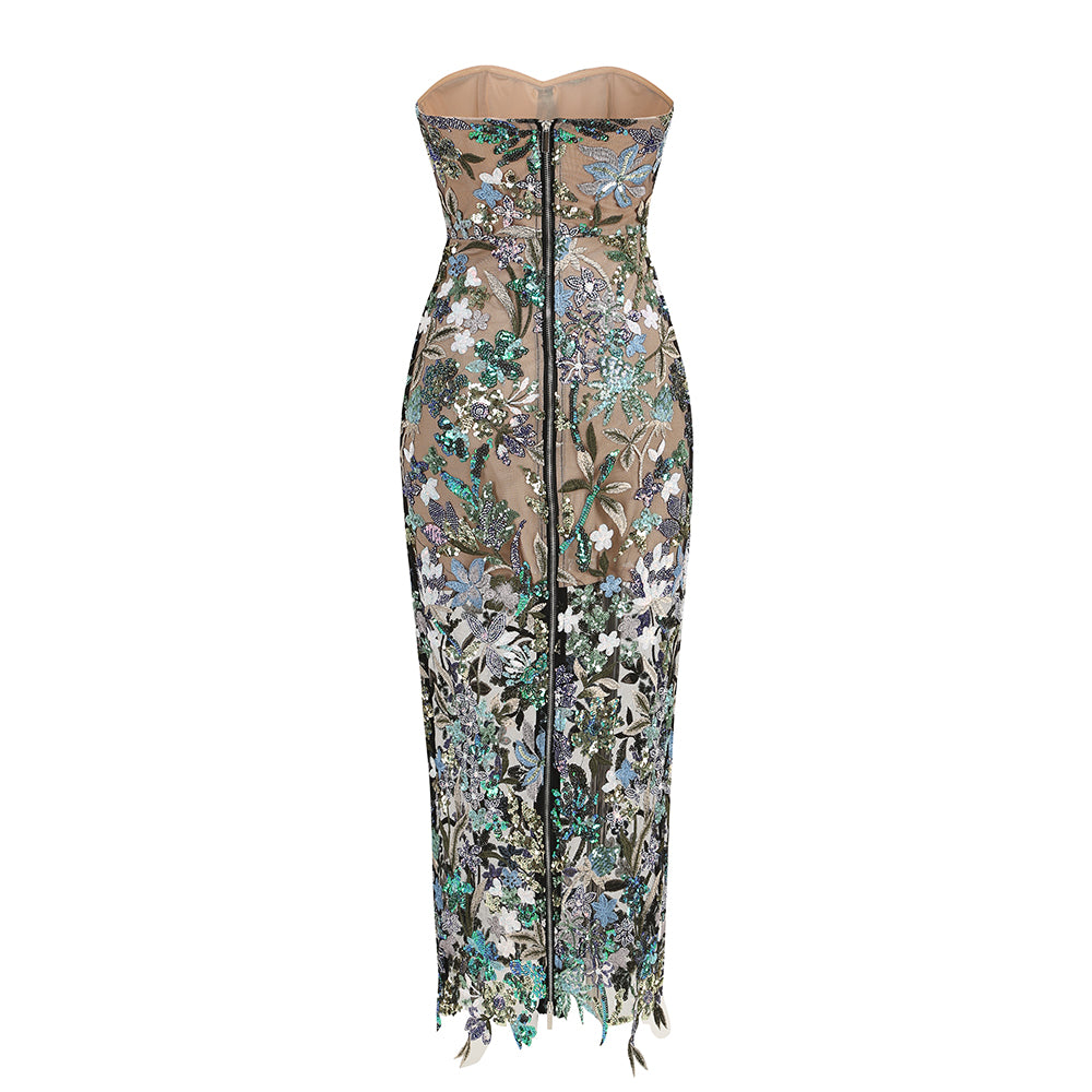 AIIZIE STRAPLESS DAHLIA SEQUINS EMBROIDERED MAXI DRESS GREEN - product image