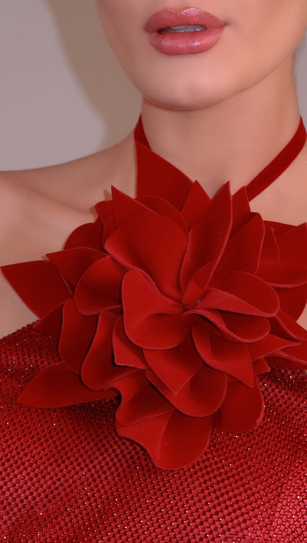 AIIZIE URSULA 3D FLOWER SEQUIN HALTER MAXI DRESS IN RED - product image