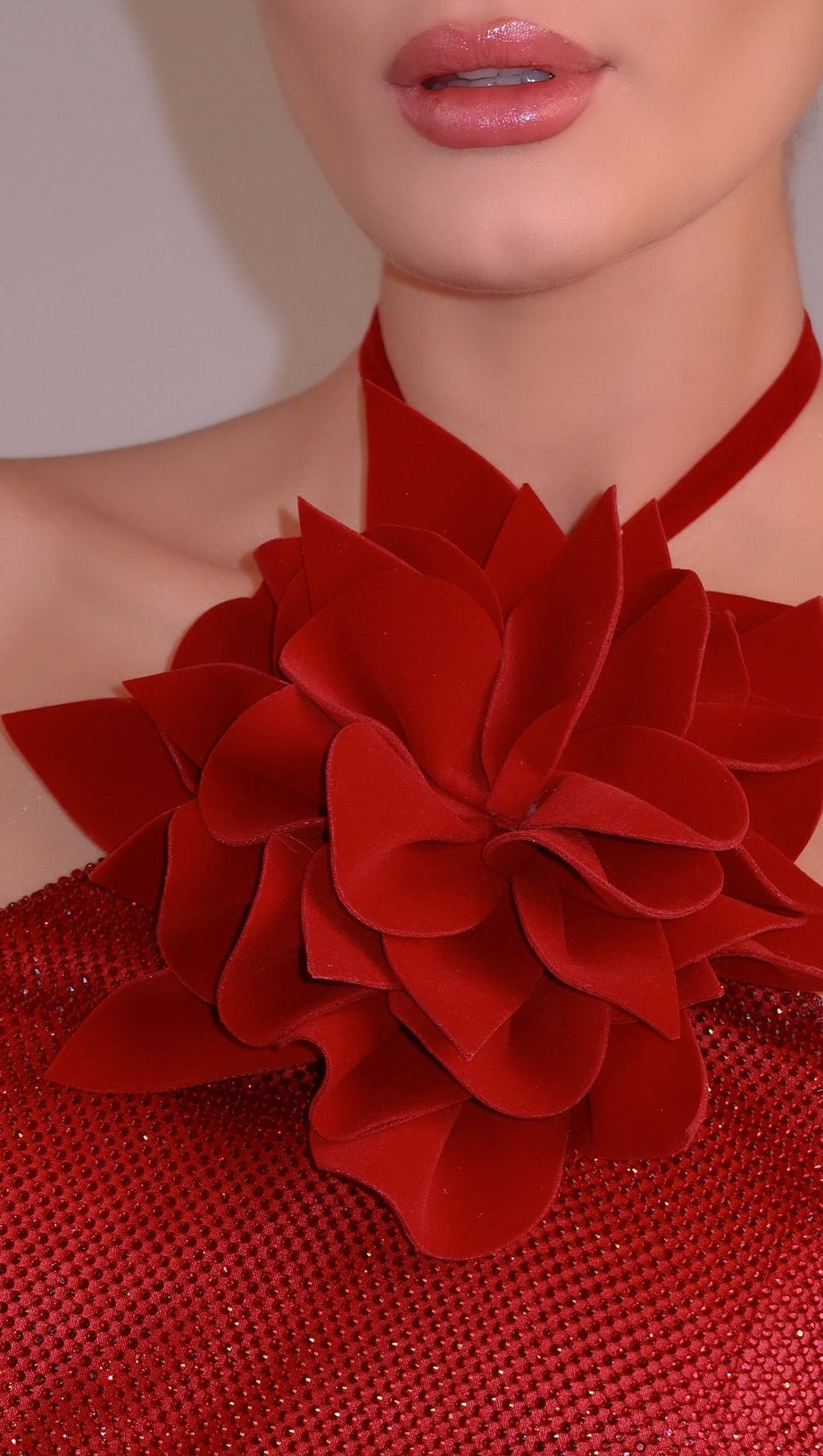 URSULA 3D FLOWER SEQUIN HALTER MAXI DRESS IN RED