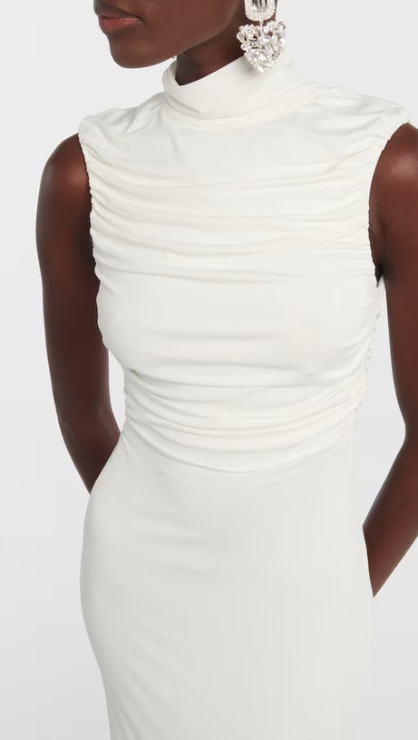 ADORA FLOWER EMBELLISHED RUCHED MIDI DRESS IN CREAM