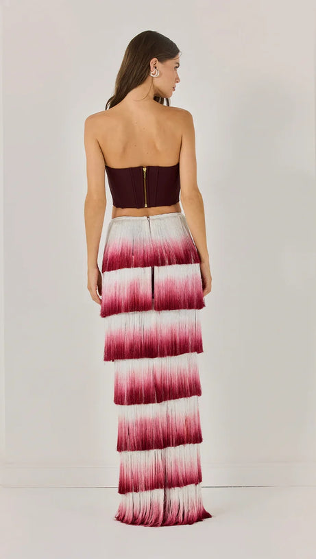 STRAPLESS TASSEL TWO PIECE MAXI DRESS BURGUNDY
