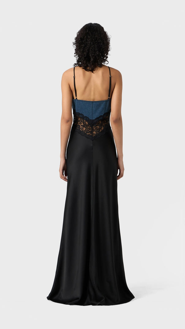 AIIZIE OLATHE DENIM LACE SATIN MAXI DRESS - product image