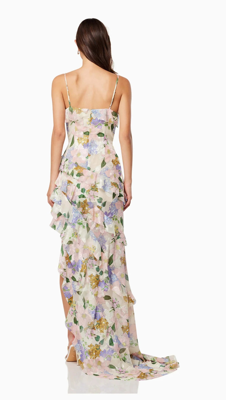 ASYMMETRICAL RUFFLED FLORAL DRAPED MAXI DRESS IN BEIGE