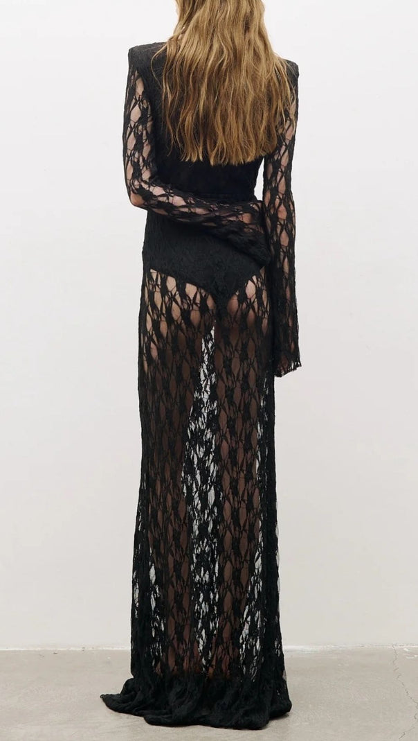 AIIZIE Jemma Black Sheer Lace Maxi Dress | Deep V-Neck Long Sleeve Evening Gown - product image