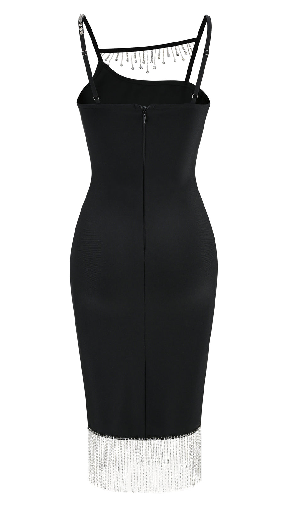 RHINESTONE METAL CHAIN TASSEL BANDAGE DRESS